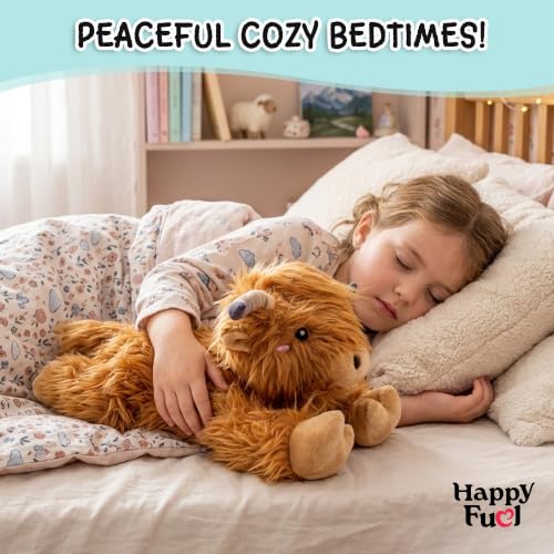 Highland Cow Microwavable Stuffed Animal – 1.5 lb Unscented Heating Pad Plush, Soft Cozy Cute Cow Toy for Relaxation and Comfort, Gift for Women, Girls, Adults & Kids by Happy Fuel - color: Brown Highland Cow (Lying Down)