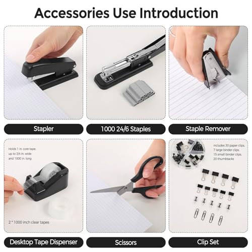 SKYDUE Black Office Supplies Set, Stapler and Tape Dispenser Set,10PCS - color: Black