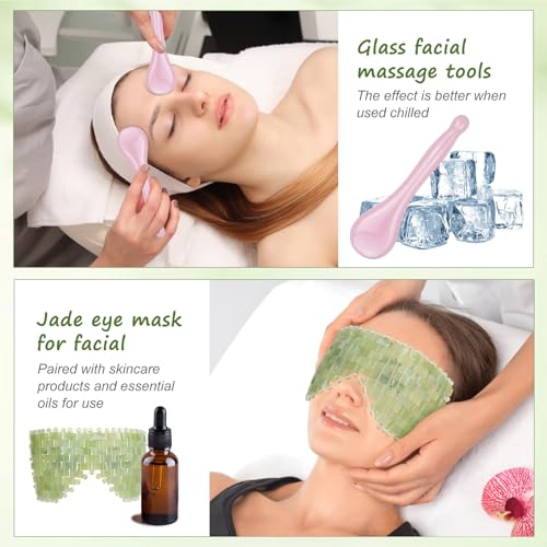 4 Pcs Jade Eye Mask & Skin-Safe Glass Facial Massage Tool, Jade Cooling Mask & Gua Sha Therapy Roller for Skincare Relieve Puffiness, Anti-Aging, Stress Relief - color: Pink