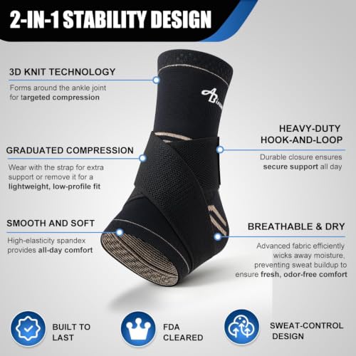 ABIRAM Copper-Infused Ankle Brace Compression Sleeve with Adjustable Strap - color: Copper Black, size: Small