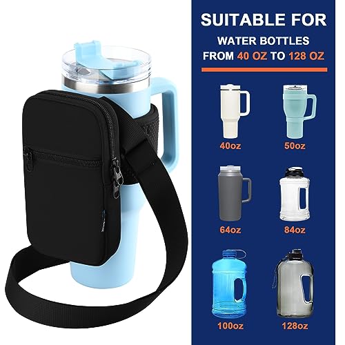 Gym Water Bottle Pouch for Stanley Tumbler with Handle, Universal Water Bottle Carrier Sling Sleeve with Strap & Pocket, Fits for A Variety of Stanley Tumbler, Gym Water Bottles for Owala, 40-128 oz