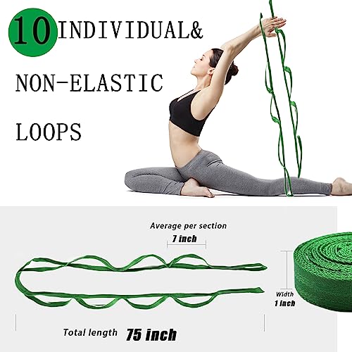 Stretching Strap Yoga Strap with Loops for Physical Therapy, Non-Elastic - color: Dark Green