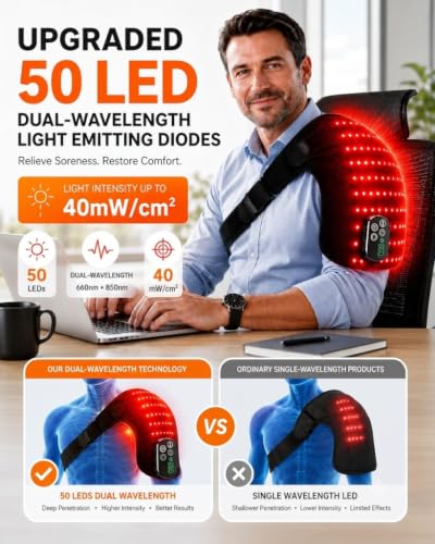 Upgraded Cordless Red Light Therapy for Shoulder Wrap with Heat & Vibration Massage, 660nm & 850nm LED Shoulder Pad for Men Women, Office Sports & Daily Use