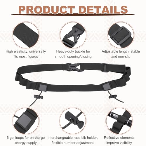 Bib Belt, Race Belt Triathlon Running Number Holder Elastic Comfortable with 6 Gel Loops, Sport Race Bib Holder 1Pcs, Black for Runners/Marathon/Cycling - color: Black