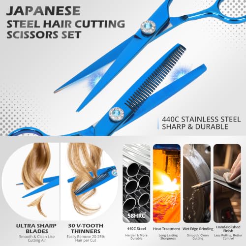 21Pcs 440C Hair Cutting Scissors Kit, Hair Scissors & Thinning Scissors Set - color: Blue