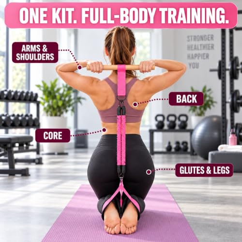 Pedal Resistance Band with Wood Handle, 3 x 30 lb Tubes - color: Pink