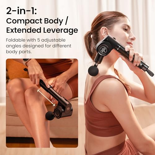 NAPRE Foldable Massage Gun Deep Tissue with 5 Adjustable Angles,Handheld Percussion Back Massager for Muscle/Neck/Body Pain Relief with Long Extension Handle,32-Speeds,6 Heads,with Case - color: Eclipse Black