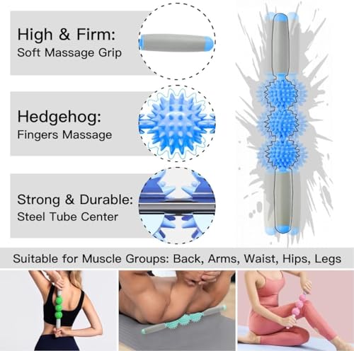 Fascia Muscle Roller, Cellulite Massager Fascia Roller for Cellulite and Sore Muscles, Neck, Leg, Back, Pressure Trigger Point Body Roller Deep Tissue Massage Stick Tools - 3 Massage Balls - color: Dark Blue