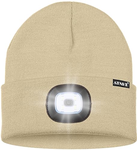 ATNKE LED Lighted Bluetooth Beanie Hat,USB Rechargeable 4 LED Wireless Music Running Headlamp Cap Gift for Men and Women - color: #Beige