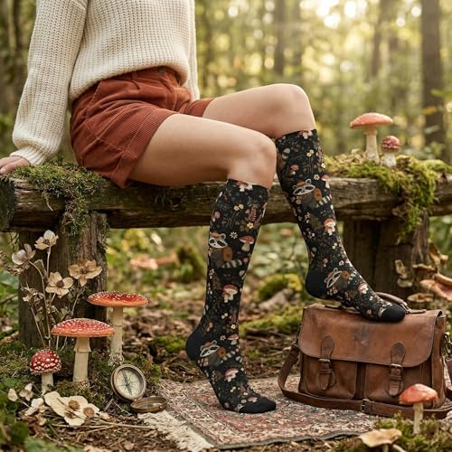 Cute Compression Socks Knee High Support Stockings Women Men - color: Cute Raccoon Mushroom