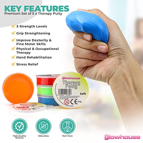 Therapy Putty Set of 5 – Extra Soft to Firm Resistance Putty for Hand Exercise, Stress Relief & Occupational Therapy – Strengthen Grip, Improve Mobility – Non-Toxic, No Odor, Durable Therapy Putty Kit