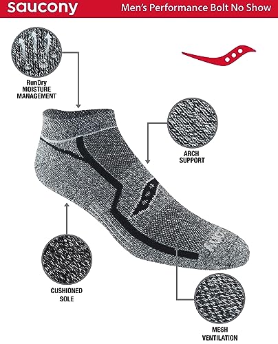 Saucony Men's Rundry Bolt Performance No-show Socks, Available in M-xxl (6, 12, 18 Pairs) - color: Grey Black (6 Pairs), size: Large