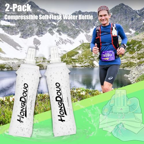 2PCS Running Vest Soft Flask, BPA-Free Soft Flasks 17oz/500ml TPU Collapsible Water Bottle for Hydration Backpack, Folding Running Water Bottles for Marathon Hiking Cycling Climbing - color: Transparent white