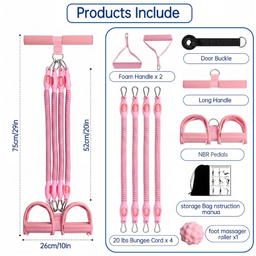 Resistance Band with Handle 100LBS Pedal Resistance Bands for Pilates Yoga Physical Therapy Leg,Abdomen,Waist,Arm,Workout Bands Exercise Resistance Bands Set for Women - color: Pink with foot massagers