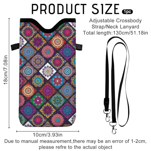 GLOBLELAND Pattern Cell Phone Sleeve Pouch Case Bag with Crossbody Strap Neck Lanyard for Women Men - color: Bohemian Tiles