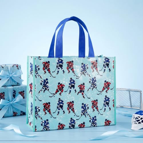 WRAPAHOLIC Large Reusable Ice Hockey Gift Bag with Handles - 10 x 5 x 13 inch - Blue Ice Hockey Player Winter Sports Gift Bags for Birthday, Sports Party, Team Celebration