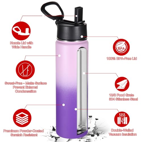 Volhoply 24oz Insulated Water Bottle with Straw Lid, Lavender, 1-Pack - color: Lavender