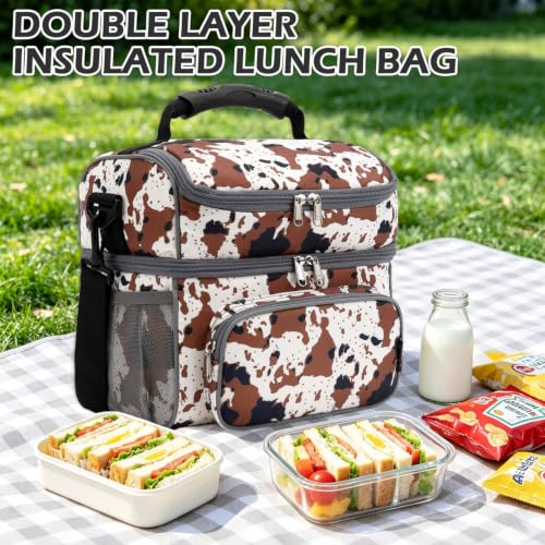FlowFly Double Layer Cooler Insulated Lunch Bag Adult Lunch Box Large Tote Bag for Men, Women, With Adjustable Strap,Front Pocket and Dual Large Mesh Side Pockets - color: Cow