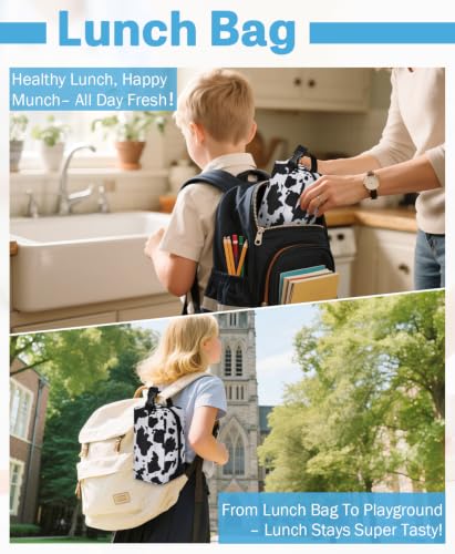 Small Insulated Lunch Bag: Reusable Small Lunch Box, Mini Soft Cooler Bag - color: Cow Print