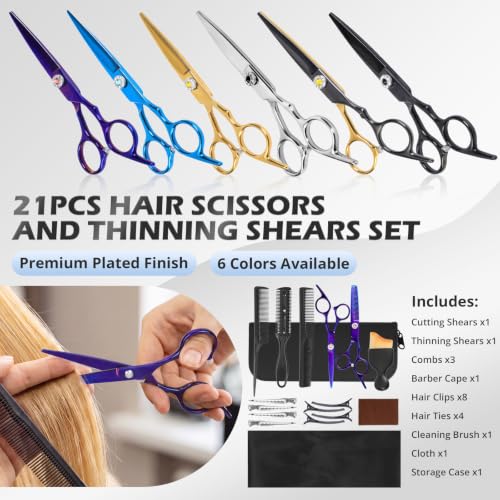 21Pcs 440C Hair Cutting Scissors Kit, Hair Scissors & Thinning Scissors Set - color: Purple