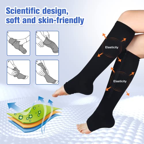 bropite Zipper Compression Socks Women & Men - 2Pairs Calf Knee High 15-20mmHg Open Toe Compression Stocking suit for Walking - color: A- Black, size: Xx-large