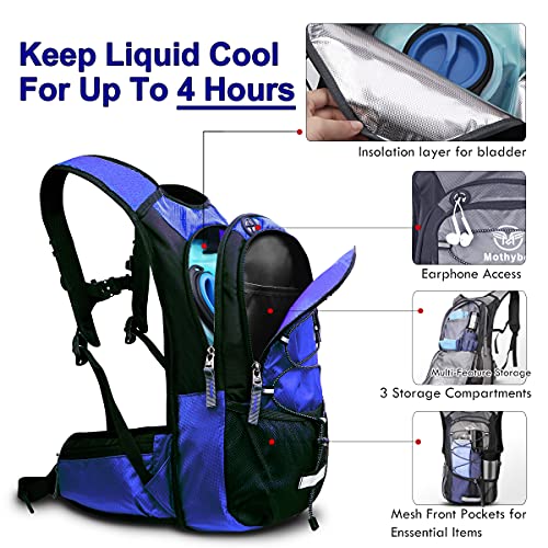 Mothybot Insulated Hydration Backpack Pack with 3L BPA Free Leak Proof Water Bladder, Large Storage Lightweight Hiking Daypack with Waist Pouches & Cooler Layer, for Running, Biking, Camping, Festival - color: Dark Blue