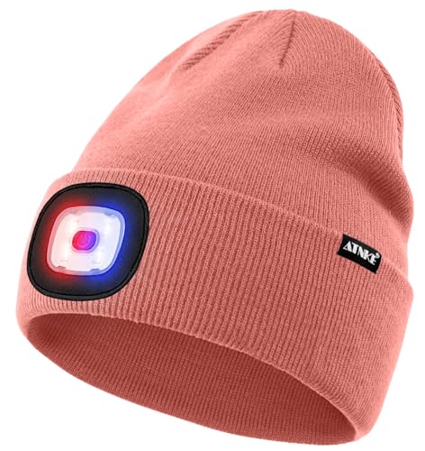 ATNKE LED Lighted Beanie Hat,USB Rechargeable 4 LED Red and Blue Flashing Running Headlamp Cap Gifts for Men and Women - color: #Bean Paste Powder
