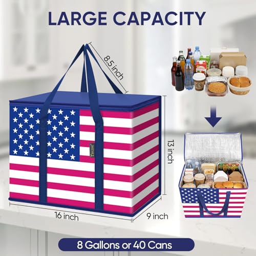BALEINE Insulated Reusable Grocery Bags with Zippered Top, Large Cooler Bag - color: Patroit Celebration, size: 2 Pack