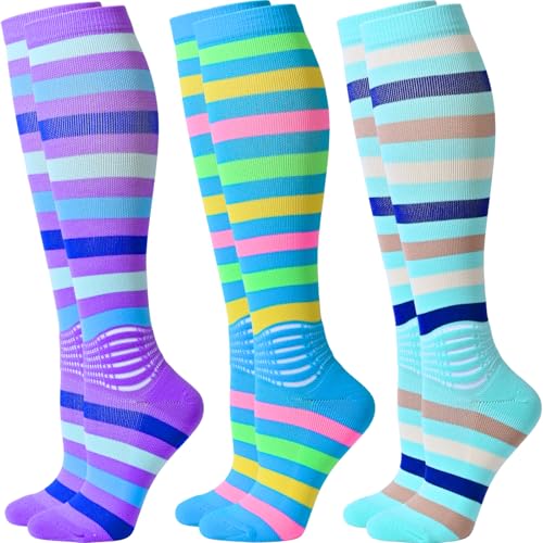 IRAMY Compression Socks Women Ankle Support Gradient Compression Wicking Moisture Knee High Socks 3 Packs - color: Blue+purple+light Green-3 Packs, size: X-Large