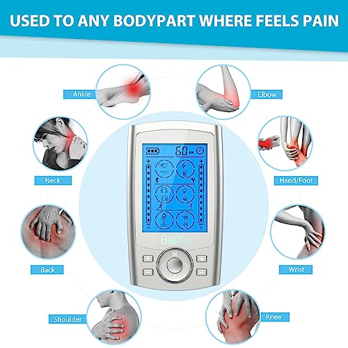 Belifu Dual Channel TENS EMS Unit 24 Modes Muscle Stimulator for Pain Relief Therapy, Electronic Pulse Massager Muscle Massager with 10 Pads, Dust-Proof Drawstring Storage Bag, Fastening Cable Ties - color: Silver