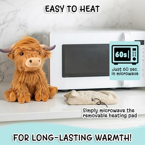 Highland Cow Microwavable Stuffed Animal – 1.5 lb Unscented Heating Pad Plush, Soft Cozy Cute Cow Toy for Relaxation and Comfort, Gift for Women, Girls, Adults & Kids by Happy Fuel - color: Brown Highland Cow (Sitting Down)