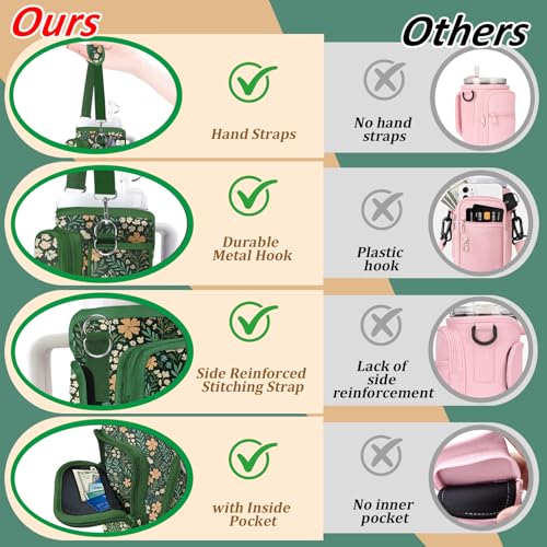 Water Bottle Carrier Bag for Stanley 40/30oz Cup Tumbler with Phone Pocket,Insulated Crossbody Water Bottle Holder with Adjustable Strap,Water Bottle Sling Pouch for Hiking Walking Camping Accessories - color: Green Flowers