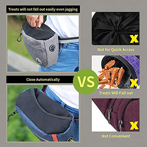 Pet Dog Treat Pouch Waist Bag, Auto Closing Waterproof Oxford Adjustable Training Belt Bags with Poop Bag Dispenser + Dog Collapsible Bowl for Dog Cat Running, Walking, Feeding (Grey) - color: Grey