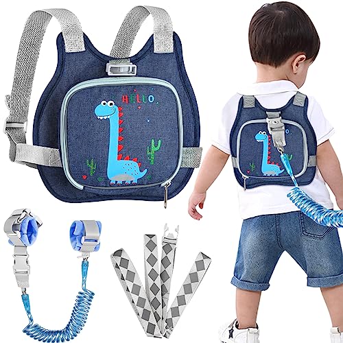 Toddler Harness Leash+ Anti Lost Wrist Link, Accmor Cute Dinosaur Kids Harness with Leash, Foldable Child Leash Baby Walking Wristband Assistant Strap Belt Hold Baby Boys Girls Close While Walking - color: Navy Blue/Brachiosaurus