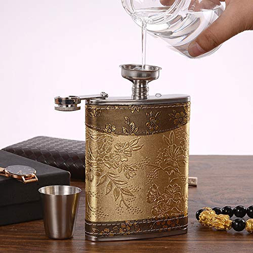 Golden pattern 8 Oz Flask Gift Hip Flask Stainless Steel(304/18-8 SS).Bonus 2 Shot Glass+1Funnel+1Giftbox.Flask Leak Proof Tested.Flask for Liquor/Alcohol.Flask for Men/Women
