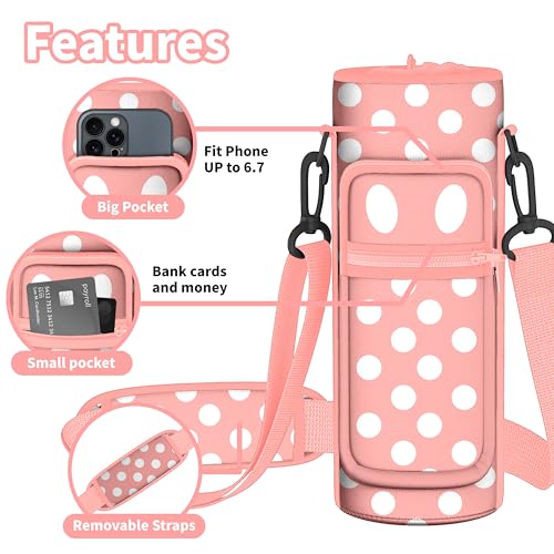Water Bottle Holder with Strap, 18-32oz Water Bottle Carrier Sling Bag - color: Pink Polka Dots