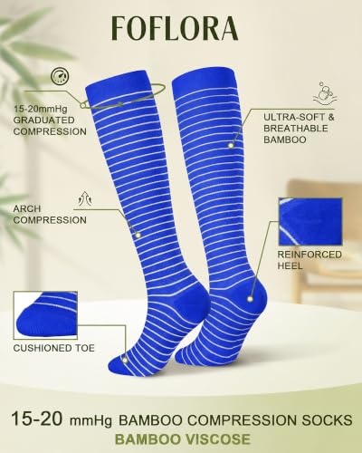 Bamboo Viscose Compression Socks|4Pairs 15-20mmHg Knee High Socks - color: Blue, size: Small-Medium