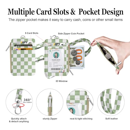 bolimoss Lanyard Wallet with ID Badge Holder, Small Keychain Wallet for Women, Pu Leather Slim Credit Card Holder with Breakaway Neck Lanyard for Teacher Student School Work Office - color: Mint Green Checkerboard
