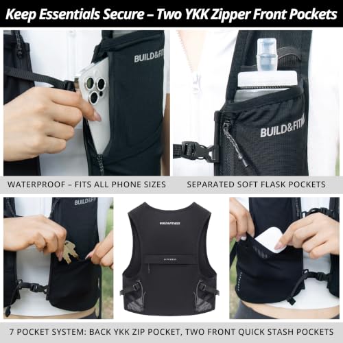Build & Fitness LITEVEST Running Vest with 2X 500ml Soft Flasks – 7 Pockets, Lightweight, Breathable Hydration Vest – Premium, Secure, Comfort & Style for Training, Trails, Marathons & Everyday Runs - size: XS / S