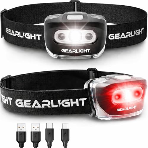 GearLight USB Rechargeable Headlamp Flashlight for Running, Camping, and Outdoor LED Headlight Camping Headlamps - Head Lamp Light for Adults, Kids, Emergency Gear - Black - 2 Pack - size: 2 Pack, Rechargeable (USB)