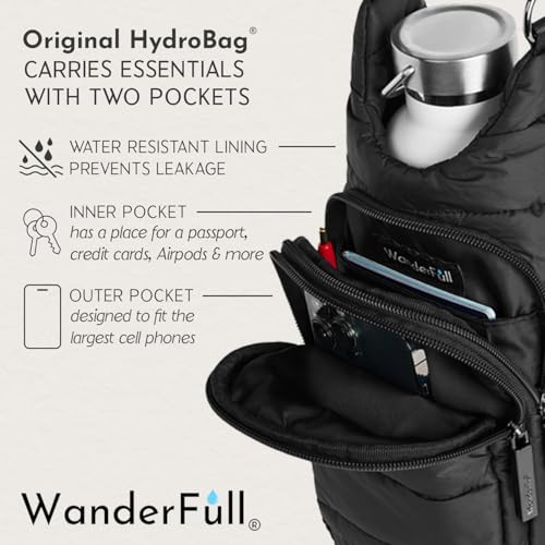 WanderFull Original HydroBag Crossbody Water Bottle Holder with Phone Pocket, Fits Water Bottles up to 32 oz - color: Black Shiny