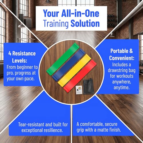 Resistance Loop Exercise Bands Set of 4 with Carry Bag for Home Fitness, Pilates and Daily Workout