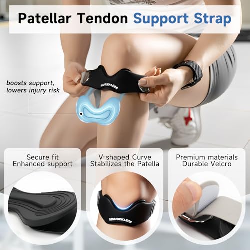 MANUEKLEAR V-Shaped Patella Bands, Adjustable Flex Wrap Patellar Tendon Support Strap for Men Women, Silicone Patella Knee Straps Suitable for Pain Relief Running Hiking Basketball, (2pcs) - color: Black