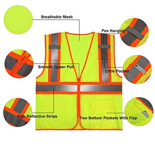 High Visibility Reflective Safety Vest with Zipper and Pockets Yellow,L - color: Yellow, size: Large
