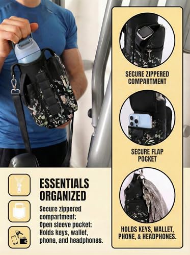 RICHEN Magnetic Gym Bag,Magnets Gym Water Bottle Bag Carrier Holder with Pockets & Strap Fit for 18 to 40 oz Owala Hydro Flask Yeti, Gym Accessories for Men Women,Walking, Hiking - color: Flowers and Birds