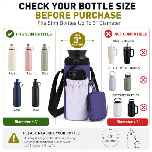 Water Bottle Holder with Strap Fits 16-24oz Bottle, Water Bottle Carrier with Earphone Bag, Hands-Free Crossbody Bottle Bag for Dog Walking, Travel, Hiking & Everyday Use - color: Purple