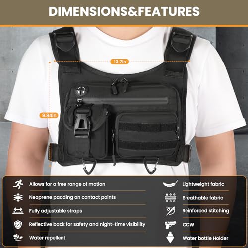 DegeTMVe Tactical Running Chest Bag with Anti-Bounce Design, Water-Repellent & Concealed Pistol Holster – Adjustable 4-Strap, Water Bottle Holder, Reflective Safety for Hiking, Cycling, Workouts
