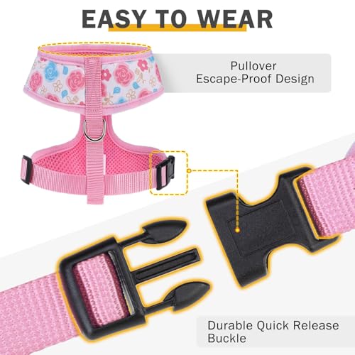 SCENEREAL Small Dog Harness and Leash Set, Flowers Pink, XS - color: Pink-Floral, size: XS: Chest Girth: 10"-14"