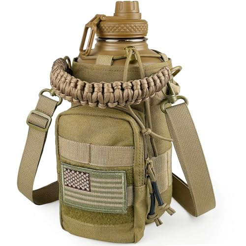 DEFUNX Half Gallon Water Bottle with Sleeve - 64 Oz Insulated Water Jug with Handle - Green Stainless Steel Sports Water Bottle for Gym Workout Hiking Tactical Bottle Holder with Pouch Khaki - color: Brown Bottle with Coyote Brown Sleeve, style: 64 Oz Wat