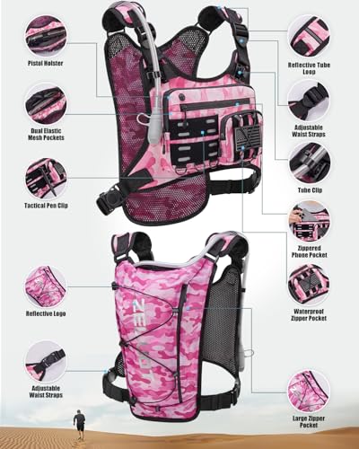 Zelvot Running Vest with 2L Water Bladder, Hydration Backpack, U.S. Design Patent, Lightweight Hydration Pack with Gear Holder, Reflective Chest Pack for Men Women - color: Camo Pink, size: X-Small-Small
